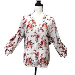 Riley & James Pink Floral Tie Sleeve V-Neck Blouse